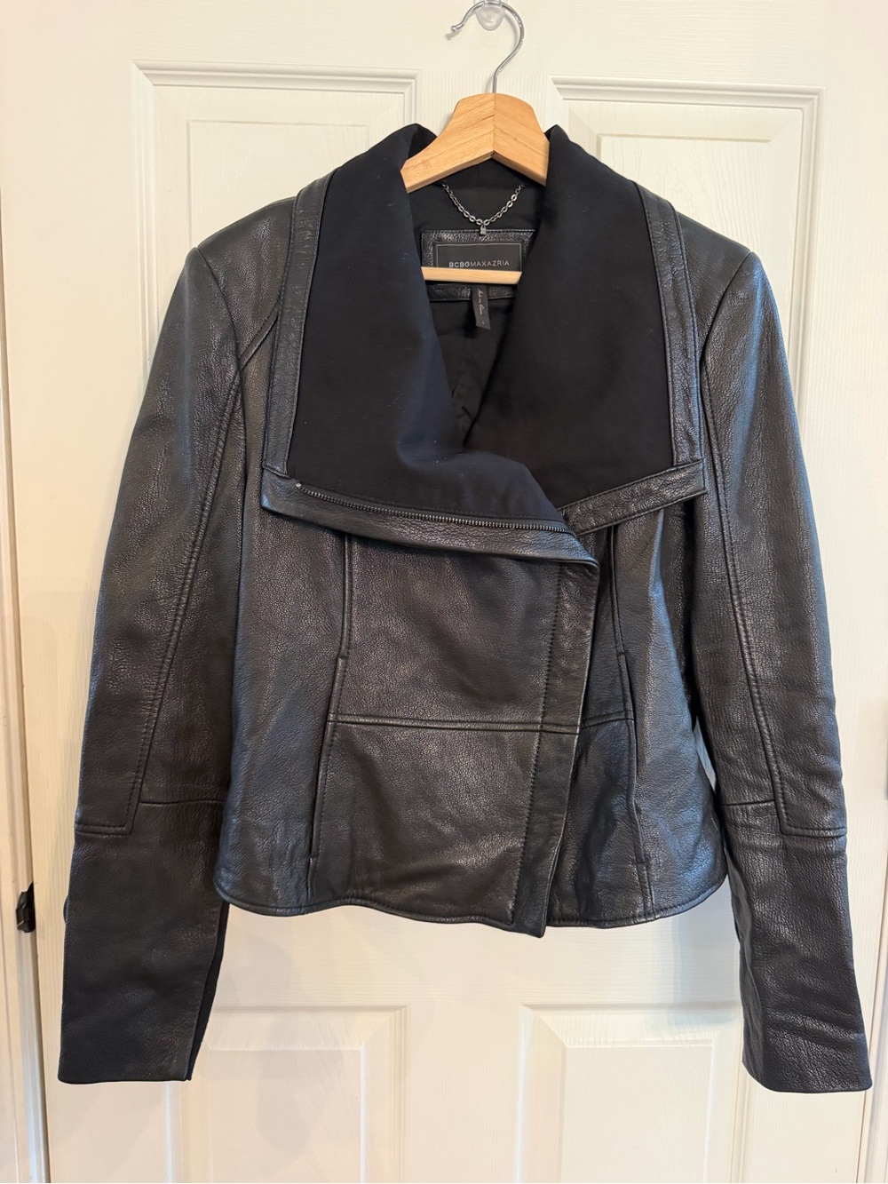 BCBGMaxAzria Black Leather Draped Collar Jacket